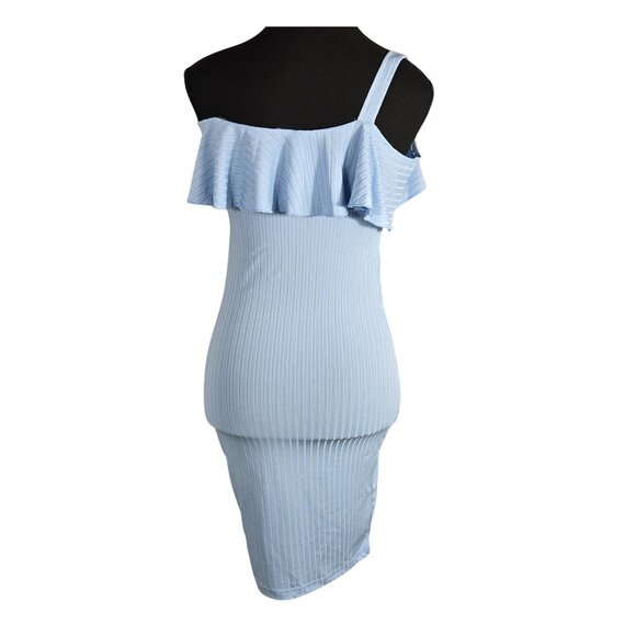 NWOT | Light Blue Ribbed Knit Ruffle One Shoulder Bodycon Dress Teen Junior | Si - Picture 2 of 5